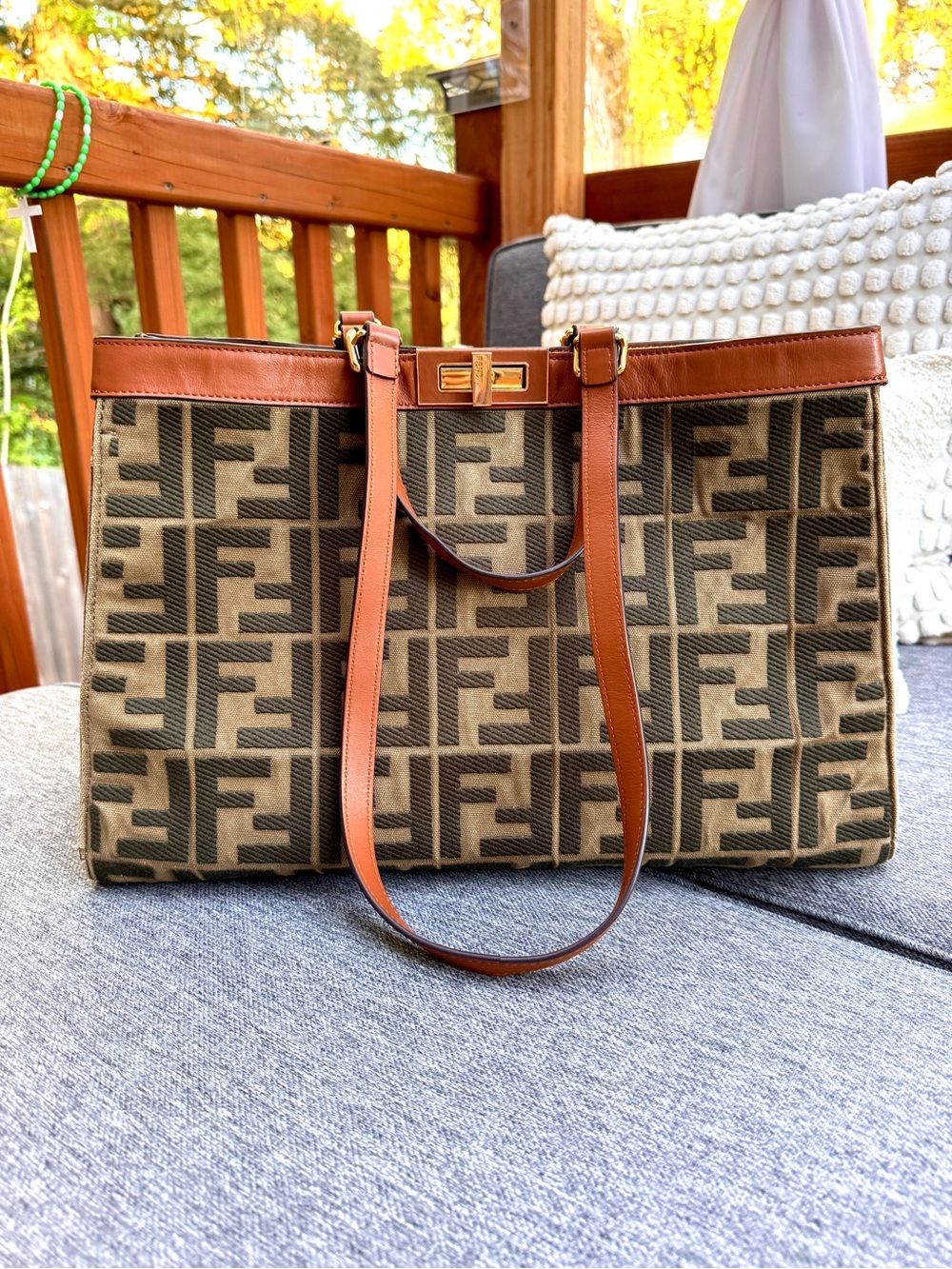 Fendi Tan and Black FF Logo Canvas Tote with Leather Trim